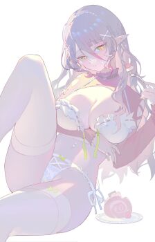 1girl bra breasts bright_pupils cake cleavage food fork frilled_bra frills green_eyes grey_hair hair_ornament highres holding holding_fork large_breasts long_hair luzi/fengli_nanzi original panties plate pointy_ears ruri_(luzili0126) side-tie_panties simple_background solo swiss_roll thighhighs underwear white_background white_bra white_panties white_thighhighs x_hair_ornament