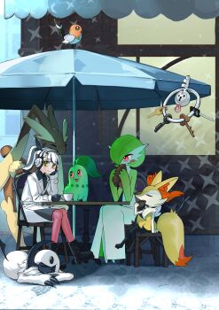 4girls :3 ^_^ absol absurdres animal_ear_fluff animal_ears animal_feet animal_nose bird black_boots black_eyes black_fur black_gloves black_hair black_shirt black_skirt blank_eyes blunt_bangs blush blush_stickers bob_cut body_fur boots braixen brown_fur cafe chair chikorita claws closed_eyes coat colored_skin cookie croissant cup day eating fang female_focus fingerless_gloves fletchling floating food fox_ears fox_girl fox_tail from_side full_body furry furry_female gardevoir gen_2_pokemon gen_3_pokemon gen_4_pokemon gen_6_pokemon gloves green_hair green_skin hair_over_one_eye hand_on_own_cheek hand_on_own_face hands_up happy harmony_(pokemon) head_rest headphones highres holding holding_cookie holding_cup holding_food hollow_eyes key klefki knees_together_feet_apart lace-up_boots leaning_forward light_blush long_animal_ears long_sleeves looking_at_another looking_at_viewer lopunny lying medium_hair mokey_mokey_(artist) multicolored_fur multicolored_hair multicolored_skin multiple_girls neck_fur nintendo no_feet on_chair on_stomach on_table one_eye_covered open_mouth outdoors pantyhose patio_umbrella pink_pantyhose poke_ball_symbol pokemon pokemon_(creature) ponytail rabbit_ears rabbit_girl rabbit_tail shirt short_hair short_tail sitting skirt sleeping smile snout streaked_hair table tail teacup trench_coat two-tone_fur two-tone_hair two-tone_skin white_coat white_fur white_hair white_skin yellow_fur