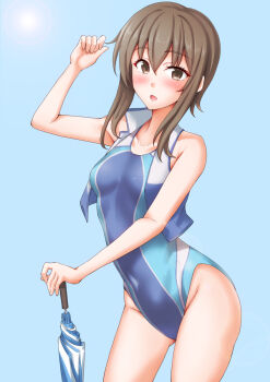 1girl anti_(untea9) bare_legs blue_one-piece_swimsuit blue_vest blush breasts brown_eyes brown_hair closed_umbrella commentary_request day highres kantai_collection looking_at_viewer one-piece_swimsuit open_mouth race_queen short_hair small_breasts smile solo sunlight swimsuit taihou_(kancolle) umbrella vest
