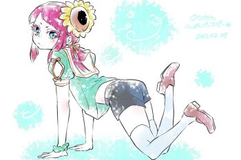 1girl 2017 all_fours aqua_shirt ass black_shorts bracelet brown_shoes character_request copyright_request dated flat_ass flat_chest flower hair_flower hair_ornament jewelry loafers long_hair looking_at_viewer nekokurage_(gen&#039;eikai_tsuushin) pale_skin petite ponytail shirt shoes short_sleeves shorts solo sunflower thighhighs white_thighhighs