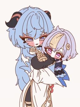 2025 2girls age_difference ahoge animated bell black_gloves blue_hair blush breast_sucking breast_sucking_through_clothes breasts carrying coin_hair_ornament commentary dayday_(day_1day) detached_sleeves female_focus ganyu_(genshin_impact) genshin_impact gloves goat_horns hair_ornament horns jiangshi korean_commentary long_hair long_sleeves looking_at_viewer multiple_girls onee-loli open_mouth purple_eyes qiqi_(genshin_impact) simple_background video