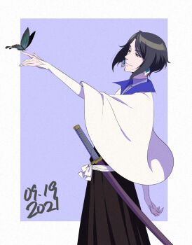 Rule 34 | 1boy, ayasegawa yumichika, black hair, black hakama, bleach, bleach: epilogue, bug, butterfly, butterfly on hand, capelet, commentary request, dated, earrings, from side, hakama, insect, japanese clothes, jewelry, lido an0, male focus, sheath, sheathed, shihakusho, smile, solo, sword, weapon, white capelet
