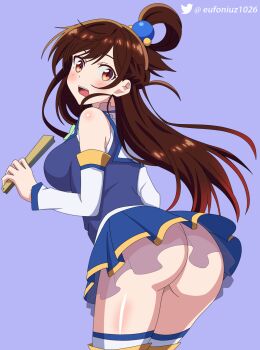 1girl alternate_hairstyle amamiya_sora aqua_(konosuba) aqua_(konosuba)_(cosplay) ass blue_boots boots brown_hair cosplay eufoniuz female_focus highres kanojo_okarishimasu kono_subarashii_sekai_ni_shukufuku_wo! long_hair mizuhara_chizuru no_panties twitter_username voice_actor_connection