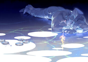 1boy blue_eyes dark earrings flattop frown jean_pierre_polnareff jewelry jojo_no_kimyou_na_bouken light looking_down lying male_focus on_stomach rei_(sanbonzakura) solo teeth white_hair wrist_cuffs wristband