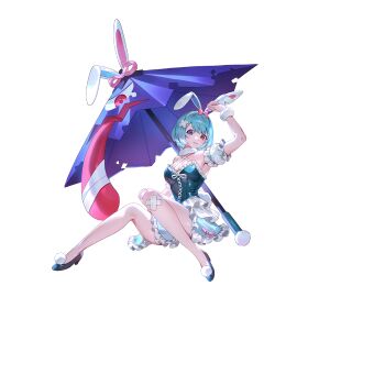 1girl alternate_costume animal_ear_hairband animal_ears aqua_hair aqua_skirt arm_up armpits bandaid bandaid_on_knee bandaid_on_leg black_shoes blue_eyes blue_leotard breasts cleavage criss-cross_halter crossed_bandaids detached_sleeves fake_animal_ears frilled_leotard frills full_body game_cg hairband halterneck heterochromia highres leotard looking_at_viewer medium_breasts non-web_source official_art playboy_bunny purple_umbrella rabbit_ear_hairband rabbit_ears rabbit_tail red_eyes second-party_source shoes short_hair skirt solo tail tatara_kogasa touhou touhou_gensou_eclipse transparent_background u_u_zan umbrella wrist_cuffs