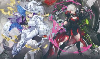 2girls absurdres black_hood blonde_hair blue_eyes bodysuit breasts cleavage detached_sleeves diabellstar_the_black_witch diabellze_the_original_sinkeeper duel_monster eye_of_horus green_eyes grey_hair hat highres holding holding_weapon hsin large_breasts looking_at_viewer multicolored_hair multiple_girls muscular muscular_female pantyhose red_pantyhose second-party_source single_detached_sleeve single_sleeve snake-eyes_poplar streaked_hair sword very_long_fingernails weapon white_bodysuit white_hat witch witch_hat yu-gi-oh!