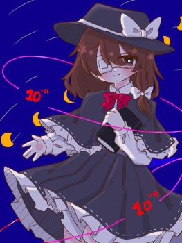 1girl anzu_cha709 black_capelet black_eyes black_hat black_skirt blue_background blush blush_stickers book bow bowtie brown_hair capelet closed_mouth collared_shirt crescent eyepatch frilled_capelet frilled_skirt frills hair_between_eyes hair_bow hat hat_bow highres holding holding_book long_sleeves magical_astronomy medium_hair moon_(symbol) one_eye_covered red_bow red_bowtie shirt shirt_tucked_in skirt sleeve_cuffs smile solo standing star_(symbol) touhou usami_renko white_bow white_shirt