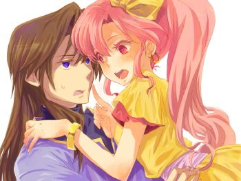 1boy 1girl bow bracelet brown_hair colored_eyelashes commentary_request earrings fingernails fire_emblem fire_emblem:_mystery_of_the_emblem hair_between_eyes hair_bow hand_on_another's_shoulder hoop_earrings index_finger_raised jewelry long_hair looking_at_another navarre_(fire_emblem) nintendo open_mouth phina_(fire_emblem) pink_hair pink_sash ponytail purple_eyes red_eyes saikachi_(ogre_tree) sash short_sleeves simple_background teeth white_background yellow_bow