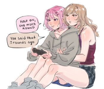 2girls amaori_renako black_shorts blush brown_eyes brown_hair camisole commentary controller drawstring english_commentary english_text game_controller grabbing_another's_breast grabbing_from_behind grey_hoodie groping holding holding_controller holding_game_controller hood hoodie hug hug_from_behind medium_hair multiple_girls parted_lips pink_hair purple_eyes red_camisole sena_ajisai shorts simple_background speech_bubble sweat watashi_ga_koibito_ni_nareru_wake_naijan_murimuri! white_background xian_(nykopoi) yuri