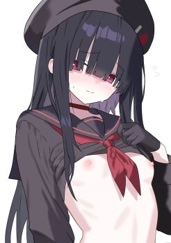 1girl beret black_gloves black_hair blue_archive blush breasts choker clothes_lift flat_chest gloves hair_over_eyes hat highres justice_task_force_member_(blue_archive) loli medium_hair nipples nqku red_choker red_eyes red_ribbon ribbon shirt_lift