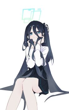1girl absurdres aqua_eyes aris_(blue_archive) bare_legs black_hair black_skirt blue_archive blush dokshuri feet_out_of_frame halo highres holding holding_own_hair invisible_chair knees_together_feet_apart long_sleeves looking_at_viewer one_side_up shirt simple_background sitting skirt smile solo white_background white_shirt