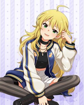 1girl ahoge black_boots black_choker black_thighhighs blonde_hair boots choker commentary_request earrings game_cg green_eyes hand_up hoshii_miki idolmaster idolmaster_(classic) idolmaster_million_live! idolmaster_million_live!_theater_days indian_style jacket jewelry letterman_jacket long_hair long_sleeves looking_at_viewer necklace official_alternate_costume official_art open_clothes open_jacket ring shoes sitting solo striped_clothes striped_thighhighs sukajan_gyarus_(idolmaster) thighhighs third-party_source vertical-striped_clothes vertical-striped_thighhighs white_shoes