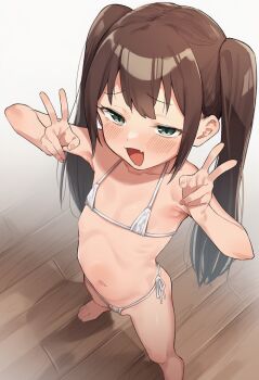 1girl bikini blush brown_hair double_v fang feet female_focus flat_chest highres legs loli long_hair looking_at_viewer mesugaki micro_bikini navel original punichuko side-tie_bikini_bottom smile smug solo standing stomach swimsuit thighs toes twintails v white_bikini