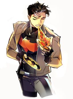1boy artist_name bat_signal batman_symbol belt black_hair black_pants blue_eyes bodysuit brown_jacket cheese cheese_trail dc_comics eating fingerless_gloves food food_in_mouth gloves grey_bodysuit highres holding holding_food holding_pizza insignia jacket jason_todd male_focus multicolored_bodysuit muscular muscular_male pants pepperoni pizza pizza_slice red_hood_(dc) red_hood_and_the_outlaws short_hair superhero_costume tokitokororo two-tone_bodysuit