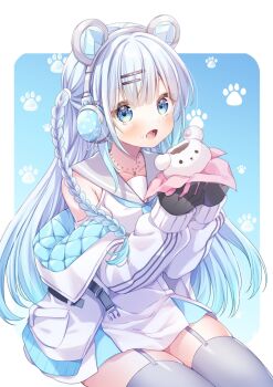 1girl animal_ear_hairband animal_ears bear_ear_hairband bear_ears belt black_belt black_gloves blue_eyes blue_hair blue_neckerchief braid collarbone commentary_request commission crescent crescent_necklace dress eating fake_animal_ears food food_on_face garter_straps gloves grey_sailor_collar grey_thighhighs hair_ornament hairband hairclip headphones highres holding holding_food jacket jacket_partially_removed jewelry long_hair metal_hairband miyahana_yu_(artist) neckerchief necklace open_clothes open_jacket open_mouth parallel_hairclips paw_print paw_print_background project_nebula sailor_collar shirt skeb_commission solo thighhighs usui_yura virtual_youtuber white_dress white_jacket white_shirt zettai_ryouiki