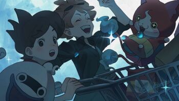 Rule 34 | 2boys, amano keita, blue fire, blush stickers, brown hair, buck hazeltine, chocomin 88, closed eyes, fire, flame-tipped tail, ghost, haramaki, hitodama, jibanyan, multiple boys, multiple tails, open mouth, red fur, shopping cart, short hair, sparkle, tail, teeth, two tails, whisper (youkai watch), youkai (youkai watch), youkai watch, youkai watch 3