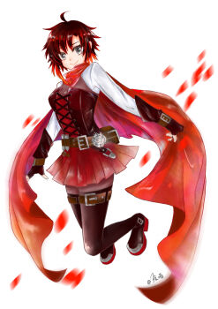 1girl absurdres ahoge black_boots black_gloves boots brown_hair bustier cape closed_mouth fingerless_gloves gloves grey_eyes highres howhow2021 looking_at_viewer miniskirt multicolored_hair pleated_skirt red_cape red_hair red_skirt ruby_rose rwby shirt simple_background skirt smile solo thigh_boots white_background white_shirt