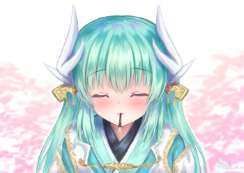 1girl absurdres blush closed_eyes dragon_girl dragon_horns fate/grand_order fate_(series) food food_in_mouth hair_ornament highres horns japanese_clothes kiss kiyohime_(fate) long_hair martinreaction multiple_horns parted_lips pocky pocky_day pocky_in_mouth smile solo upper_body very_long_hair