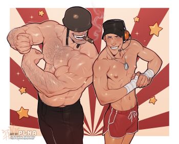 2boys arm_hair bandaged_hand bandages black_pants chest_hair cigar covered_eyes dog_tags flexing hat headset helmet highres looking_at_another male_focus multiple_boys muscular muscular_male pants pectorals plna scout_(tf2) shorts smile soldier_(tf2) team_fortress_2 yaoi