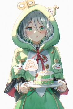 1girl absurdres cake capelet cecilia_immergreen colored_inner_hair food gigi_murin green_capelet green_eyes green_hair green_skirt grey_hair hair_between_eyes highres holding holding_plate hololive hololive_english hood hood_up hooded_capelet multicolored_hair musical_note musical_note_print otomo_(cecilia_immergreen) plate simple_background skirt solo spoken_character uwagiru virtual_youtuber white_background