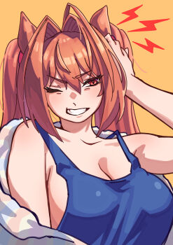 1girl absurdres animal_ears antenna_hair arm_up blue_tank_top breasts cleavage clenched_teeth commentary_request daiwa_scarlet_(umamusume) hair_between_eyes hair_intakes hand_on_own_head highres horse_ears horse_girl large_breasts lightning_bolt_symbol long_hair one_eye_closed orange_background red_eyes solo tank_top teeth twintails umamusume utsuke_(u_tuk_e) very_long_hair