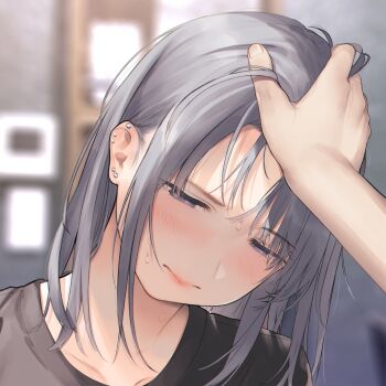 1boy 1girl absurdres blurry blush close-up depth_of_field ear_piercing fuzuki_fuuro grey_eyes grey_hair half-closed_eyes hands_on_another's_head headpat highres looking_down medium_hair non-web_source original piercing solo_focus sweat tachibana_kanna