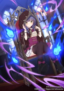 1girl aura black_collar black_shoes bow brown_thighhighs cape chair collar copyright_notice footwear_bow hitodama hood hood_up hooded_cape mystica_sanctus official_art on_chair purple_hair shoes sitting solo thighhighs yellow_eyes yotsuba_haru z/x