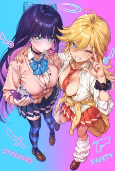 Rule 34 | 2girls, ;d, absurdres, ahoge, animal print, between breasts, black choker, black hair, black skirt, blonde hair, blue background, blue bow, blue bowtie, blue eyes, bow, bowtie, bra, bra peek, breasts, bright pupils, brown shoes, cardigan, cardigan around waist, cellphone, character name, choker, cleavage, clothes around waist, collared shirt, colored inner hair, colored sclera, commentary request, earrings, full body, gradient background, grin, hair bow, hand on another's shoulder, hand up, heart, heart choker, highres, holding, holding phone, hoop earrings, horizontal-striped thighhighs, jewelry, large breasts, leopard print, loafers, looking at viewer, loose bowtie, loose necktie, loose socks, mars symbol, miniskirt, multicolored hair, multiple girls, necktie, necktie between breasts, one eye closed, open mouth, panty &amp; stocking with garterbelt, panty (psg), parted lips, partially unbuttoned, phone, pink background, pink cardigan, pink hair, pleated skirt, purple thighhighs, red nails, red necktie, red skirt, scrunchie, shashaki, shirt, shoes, siblings, sisters, skirt, smartphone, smile, socks, stocking (psg), thighhighs, two-tone background, underwear, venus symbol, w, white pupils, white shirt, white socks, wrist scrunchie, zettai ryouiki