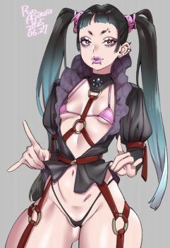 1girl agawa_ryou artist_name bad_link barbell_piercing bikini black_hair blue_hair blunt_bangs breasts chest_harness cowboy_shot dated ear_piercing earrings eyebrow_piercing eyeshadow face_piercing gradient_hair grey_background grey_eyeshadow harness jewelry labret_piercing lifting_own_clothes long_hair looking_at_viewer makeup micro_bikini mouth_piercing multicolored_hair navel no_pants original piercing pink_bikini puffy_sleeves purple_lips red_eyes short_bangs short_eyebrows signature simple_background small_breasts snakebite_(piercing) solo stud_earrings swimsuit thick_eyebrows twintails