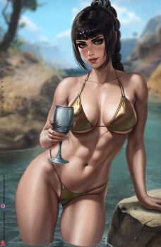 1girl artist_name baldur&#039;s_gate baldur&#039;s_gate_3 bikini black_eyeshadow black_hair blurry blurry_background braid breasts cameltoe chalice circlet collarbone cup dandon_fuga dungeons_&amp;_dragons elf eyeshadow freckles gluteal_fold green_eyes groin gumroad_username highres holding holding_cup jewelry large_breasts lips long_braid looking_at_viewer makeup multi-tied_hair patreon_username pointy_ears river rock scar scar_on_face scar_on_nose shadowheart_(baldur&#039;s_gate) solo swimsuit thick_thighs thighs toned toned_female tree underwear wading water yellow_bikini