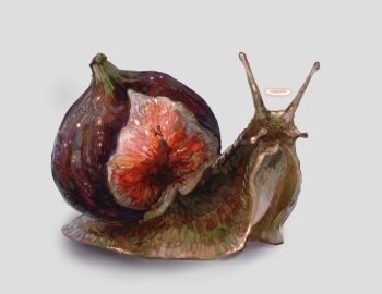 Rule 34 | animal focus, commentary, english commentary, fig, food focus, grey background, halo, no humans, original, page nak1, shadow, simple background, snail, surreal, traditional halo