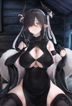 1girl :d absurdres arknights qalaisa_(arknights) black_dress black_gloves black_thighhighs blue_eyes blush breasts brown_hair cleavage cleavage_cutout clothing_cutout cowboy_shot dress feather_boa gloves grin hair_over_one_eye half_gloves hand_up highres horns index_finger_raised indoors large_breasts legs_apart log_cabin long_hair looking_at_viewer mildt mole mole_on_breast one_eye_covered open_mouth pelvic_curtain pointy_ears side_slit sidelocks signature skindentation smile solo teeth thick_thighs thighhighs thighs wooden_wall