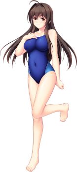 1girl ahoge barefoot blue_one-piece_swimsuit breasts brown_eyes brown_hair collarbone competition_school_swimsuit competition_swimsuit covered_navel full_body game_cg hair_intakes hand_on_own_chest highres large_breasts large_variant_set long_hair looking_at_viewer maishima_yuri nerawareta_megami_tenshi_angel_tear non-web_source official_art one-piece_swimsuit school_swimsuit smile solo standing standing_on_one_leg swimsuit transparent_background tsukumo_kazuita variant_set