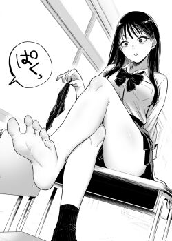 Rule 34 | 1girl, barefoot, between toes, chair, chocolate, classroom, crossed legs, desk, feet, highres, long hair, monochrome, nekoashifumare, parted lips, school chair, school desk, socks, soles, surprised, toes, translated, unworn socks