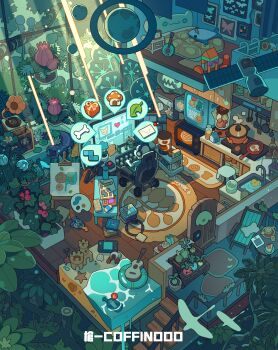 1boy absurdly_detailed_composition absurdres artist_name bed bone bottle box canvas_(object) chair coffinooo day deck_chair door easel eraser folding_chair from_above frying_pan gift gift_box globe guitar headphones highres icon_(computing) indoors instrument isometric jungle leaf light_rays loaded_interior mailbox_(incoming_mail) message_in_a_bottle microwave monitor nature nintendo_switch on_chair original paint_palette paint_tube painting_(object) phonograph plant refrigerator ring-con rug sand_castle sand_sculpture scenery shelf sink sitting stairs stool stuffed_animal stuffed_shark stuffed_toy sunbeam sunlight toy_block very_wide_shot water window