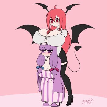 2girls animated animated_gif blinking blush breast_rest breasts breasts_on_head cleavage demon_girl demon_tail demon_wings female_focus head_wings huge_breasts koakuma large_breasts long_hair multiple_girls patchouli_knowledge purple_eyes purple_hair red_eyes red_hair shortstack size_difference tail touhou wings zedrin