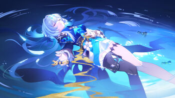 1girl absurdres black_sleeves black_thighhighs blue_hair breasts cerydra_(honkai:_star_rail) chess_piece closed_eyes closed_mouth commentary_request dress highres holding holding_chess_piece honkai:_star_rail honkai_(series) long_hair lying miaotai_miota multicolored_hair single_thighhigh solo thighhighs water white_hair