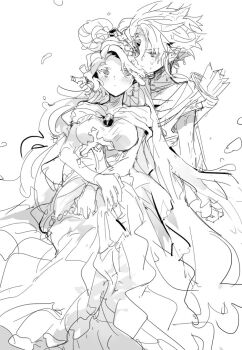 1boy 1girl arrow_(projectile) bad_id bad_twitter_id blush breasts commentary cookie_run cookie_run:_ovenbreak couple dress forehead_jewel greyscale hetero inactive_account k3vccitq large_breasts long_hair monochrome official_alternate_costume painttool_sai_(medium) pointy_ears quiver sea_fairy_cookie sea_fairy_cookie_(luminous_coral) short_hair simple_background sketch sword symbol-only_commentary updo very_long_hair weapon white_background wind_archer_cookie