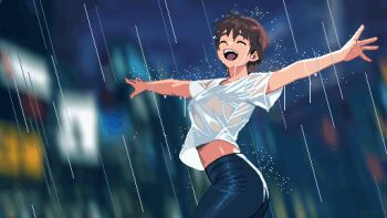 1girl black_pants blurry blurry_background brown_hair closed_eyes commentary_request cowboy_shot earrings from_side highres jewelry kei_sakuragi midriff night open_mouth pants picopico256 rain shirt short_hair short_sleeves smile solo the_scramble_vice tight_clothes tight_pants urban wet white_shirt