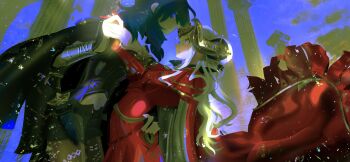 Rule 34 | 2girls, arm up, black jacket, black pantyhose, black shorts, blue eyes, blue sky, breast press, breasts, female byleth (fire emblem), cape, closed mouth, cloud, cloudy sky, collared cape, commentary request, couple, crop top, ct21k, dancing, double bun, dress, edelgard von hresvelg, edelgard von hresvelg (timeskip), fake horns, fire emblem, fire emblem: three houses, from side, gloves, glowing, glowing eyes, green hair, hair between eyes, hair bun, hair up, hand on another's ass, hand up, headpiece, high collar, highres, holding, holding hands, horns, jacket, jacket on shoulders, jewelry, large breasts, leaning back, leaning forward, long dress, long hair, long sleeves, looking at another, looking down, looking up, multicolored background, multiple girls, nintendo, open clothes, open jacket, outdoors, pantyhose, parted lips, pendant, purple eyes, red cape, red dress, red gloves, short shorts, shorts, sky, standing, wavy hair, white hair, wide-eyed, yuri