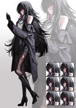 1girl absurdres black_boots black_gloves black_hair black_necktie black_pantyhose boots breasts commentary gloves grey_jacket grey_skirt high_heel_boots high_heels highres jacket jackpatt777 knee_boots long_hair medium_breasts necktie original pantyhose red_eyes shirt skirt sleeveless sleeveless_shirt solo torn_clothes torn_pantyhose white_shirt