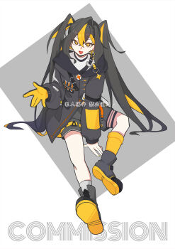 1girl :d black_choker black_hair black_jacket blonde_hair boots braid braided_bangs character_name chinese_commentary chinese_text choker coat commentary_request earrings fang full_body gloves hair_between_eyes highres hood jacket jewelry long_hair long_sleeves looking_at_viewer multicolored_hair open_mouth original shirt shorts sitting smile socks solo streaked_hair tingliang twintails two-tone_background two-tone_hair very_long_hair white_shirt yellow_eyes yellow_gloves yellow_nails