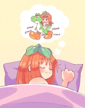 1girl :3 aged_down baby blanket brown_shoes closed_eyes dreaming green_yoshi hair_down inkerton-kun leaf leaf_on_head long_hair mario_(series) monster_girl nintendo on_bed orange_hair original percci_(inkerton-kun) pillow plant_girl plant_on_head riding shoes sleeping smile sound_effects speech_bubble super_mario_world_2:_yoshi's_island thought_bubble twintails under_covers yoshi