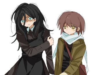 2girls angry apron asya_shubina bag black_apron black_hair brown_coat brown_dress brown_eyes brown_hair closed_mouth coat dress expressionless green_eyes hair_between_eyes hand_on_own_arm hashtag-only_commentary highres ira_grachevskaya light_blush long_hair long_sleeves multiple_girls nagoriyuki19 scarf school_uniform shaded_face short_hair shoulder_bag soviet_school_uniform white_background white_scarf yellow_pupils z.a.t.o._//_i_love_the_world_and_everything_in_it