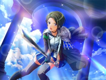 1girl armor belt black_belt black_boots black_choker black_hair black_shirt black_thighhighs blue_skirt boots choker cloud fingerless_gloves forehead game_cg gloves grey_gloves holding holding_sword holding_weapon knee_boots long_sleeves looking_at_viewer minase_suzu official_art open_mouth pillar purple_eyes shirt short_hair shoujo_kageki_revue_starlight shoujo_kageki_revue_starlight_-re_live- shoulder_armor skirt solo sword thighhighs upper_body v-shaped_eyebrows weapon zipper