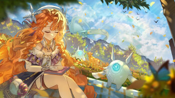 Rule 34 | 1girl, blue sky, book, braid, braided sidelocks, bridal gauntlets, chinese commentary, closed eyes, closed mouth, commentary request, day, deer, highres, holding, holding book, liangyimo, long hair, orange hair, outdoors, pointy ears, sidelocks, sigrika (wuthering waves), sitting, sky, smile, soliskin (wuthering waves), solo, veil, white bridal gauntlets, white veil, wuthering waves