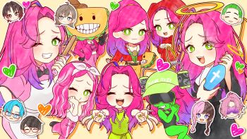 Rule 34 | 4boys, 4girls, :3, absurdres, ahoge, apron, black dress, blush, character request, closed eyes, closed mouth, colored skin, commentary request, copyright request, dress, goggles, green dress, green eyes, green skin, halo, hanae natsuki, heart, highres, indie utaite, kanae (nijisanji), kisaragi ren (vspo!), limone (utaite), long hair, looking at viewer, madtown gta, meloco kyoran, multiple boys, multiple girls, multiple views, nijisanji, nijisanji en, nun, pink dress, pink hair, real life, ringo 21 a, tachibana hinano, taco, virtual youtuber, vspo!, white apron, yellow halo