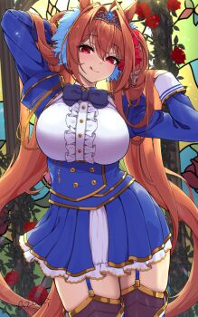 1girl :q absurdres animal_ears antenna_hair azuki_(azuki_azukki) blue_skirt blush bow breasts brown_hair center_frills commentary_request cowboy_shot daiwa_scarlet_(peak_blue)_(umamusume) daiwa_scarlet_(umamusume) dress epaulettes frilled_dress frilled_shirt frills gold_trim hair_between_eyes hair_intakes hair_ornament highres horse_ears horse_girl horse_tail juliet_sleeves large_breasts long_hair long_sleeves looking_at_viewer puffy_sleeves red_bow red_eyes shirt skindentation skirt smile solo tail thick_thighs thighs tiara tongue tongue_out umamusume very_long_hair white_shirt