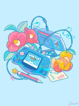 absurdres artist_name blue_background commentary_request flower food fruit game_boy_advance game_cartridge game_link_cable handheld_game_console highres hiro046k leaf mandarin_orange mandarin_orange_slice mechanical_pencil no_humans object_focus original pencil red_flower simple_background snow_rabbit