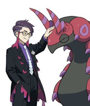 1boy affectionate black-framed_eyewear black_coat black_hair black_pants closed_mouth coat collared_shirt corbeau_(pokemon) gen_5_pokemon glasses hand_in_pocket headpat highres jaho male_focus necktie nintendo open_clothes open_coat pants petting pokemon pokemon_(creature) pokemon_legends:_z-a purple_shirt round_eyewear scolipede shirt short_hair simple_background smile white_necktie yellow_eyes